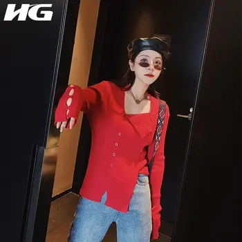 

HG Spring 2020 Trend Button Square Collar Sweater Slim Was Thin Cardigan Women Personality Elegant Knitwear Streetwear SQQ1002