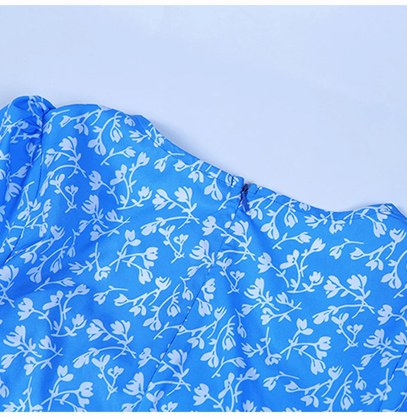 Women Casual Floral Print Midi Dress Square Collar Ruffle Puff Sleeve Slim Split Summer Dress French Romance Retro Dress Vestido