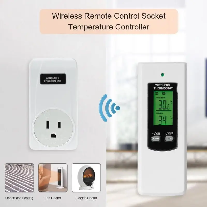 

TS-808 Wireless Thermostat Temperature Controller Socket w/Green Backlight Digital Thermostat Remote Control