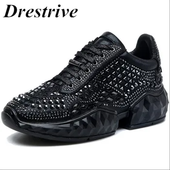

Drestrive Fashion Women Sneakers Mid Heels 5 cm Non Slip Lace Up Female Casual Shoes Black Crystal Mixed Material Sports Shoes