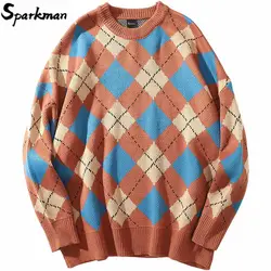 2019 хип-хоп свитер пуловер ретро плед уличная мужской вязаный свитер клетчатый винтажный цветной блок свитера хлопок осень