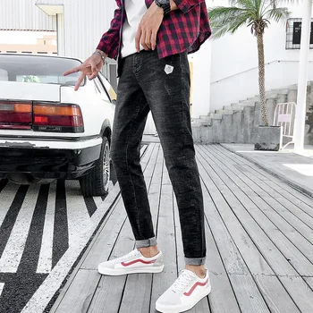 

2019 New Pond Men's Black Elastic Force Leisure Feet Long Jeans