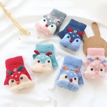 От 4 до 8 лет, зимние детские вязаные перчатки с рисунком лося, детские перчатки с открытыми пальцами, бархатные перчатки с откидной крышкой для мальчиков и девочек, утепленные детские варежки