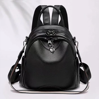 

New Woman Travel Backpack Cowskin Leather Double Switch Single Shoulder Bag Metal Chain Star Pendant Decor Zipper Puller
