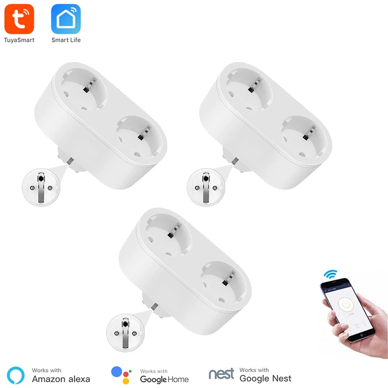 

Wholesale Alexa Compatible WiFi Plug EU Standard 2 Outlets Remote Control Smart Life APP Voice Control Timer Power Monitoring