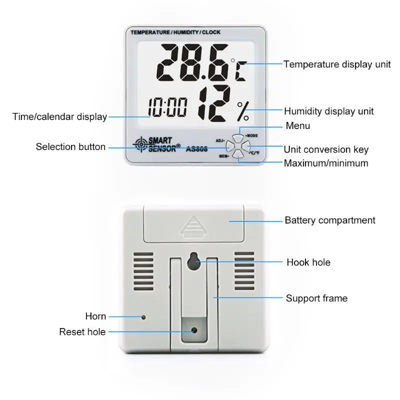 AS808 Цифровой термометр гигрометр Влажность Температура измеритель влажности w часы
