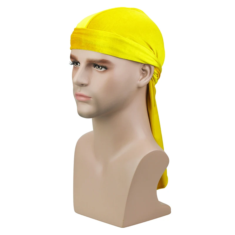 Новинка, мужская и женская дышащая бандана, бархатная Кепка Durag do doo du rag, длинный хвост, головной убор, кепка chemo, сплошной цветной головной убор - Цвет: Цвет: желтый