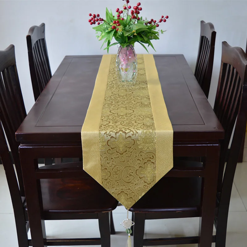 

Chinese style red table runner satin luxury wedding decoration Chinese Knot Tassel tea Bed table runner cloth