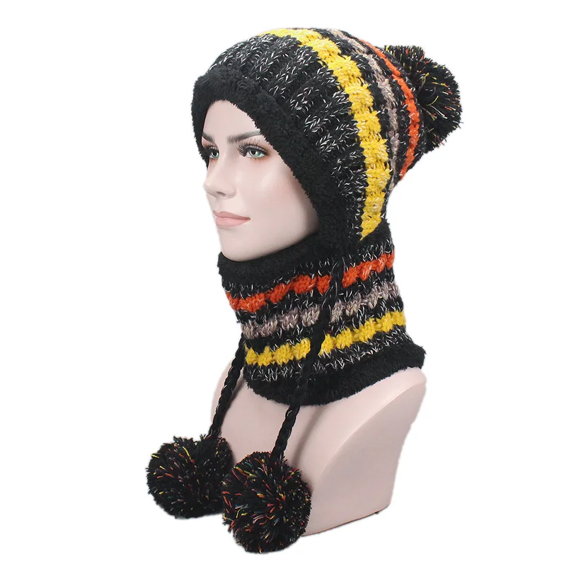 Вязаные шапки бини из двух частей, шарф, шапка, набор для женщин и мужчин, шапка на осень и зиму, теплая одноцветная шапка унисекс в полоску - Цвет: C
