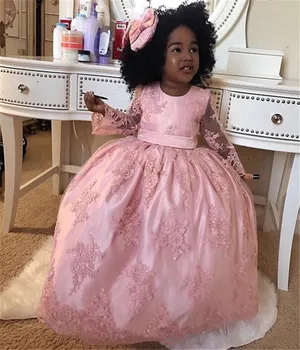 

Pink Lace Baby Girl Birthday Party Dress Long Sleeve Applique Lace O Neck Little Girl Pageant Party Gown with Bow