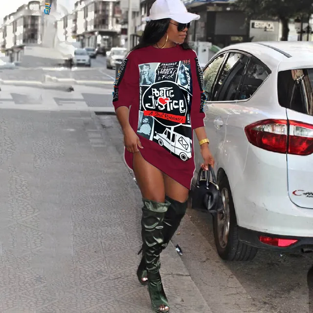 New Fall Winter Women's Dresses Letter Character Cartoon Print O-neck Long Sleeve Sweatshirts Slim Mini Abiti Dress Burgundy