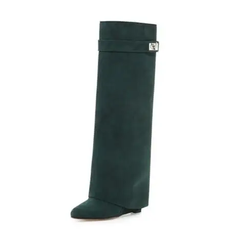F-M; Серебристые сапоги до колена с металлическим замком «Акула»; женские дизайнерские кожаные сапоги на танкетке с острым носком; женская обувь на высоком каблуке - Цвет: green suede