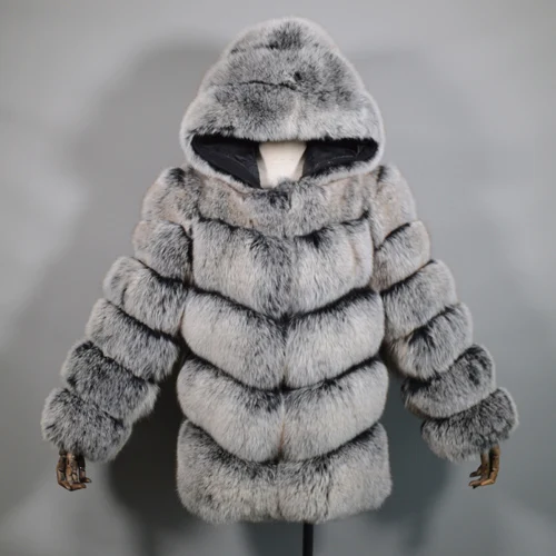 Frost color Теплые мягкие роскошные женские зимние толстые пальто из настоящего меха лисы с капюшоном высокого качества пальто с капюшоном из натурального Лисьего меха - Цвет: Frost color