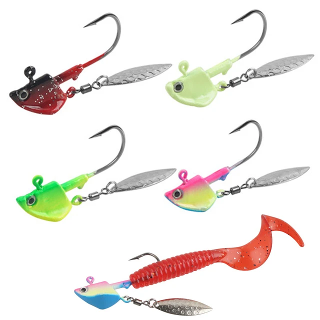5Pcs Lead Jig Fishing hooks with Spinner blade Worm Jig Head hook 3D Fish  eyes Walleye