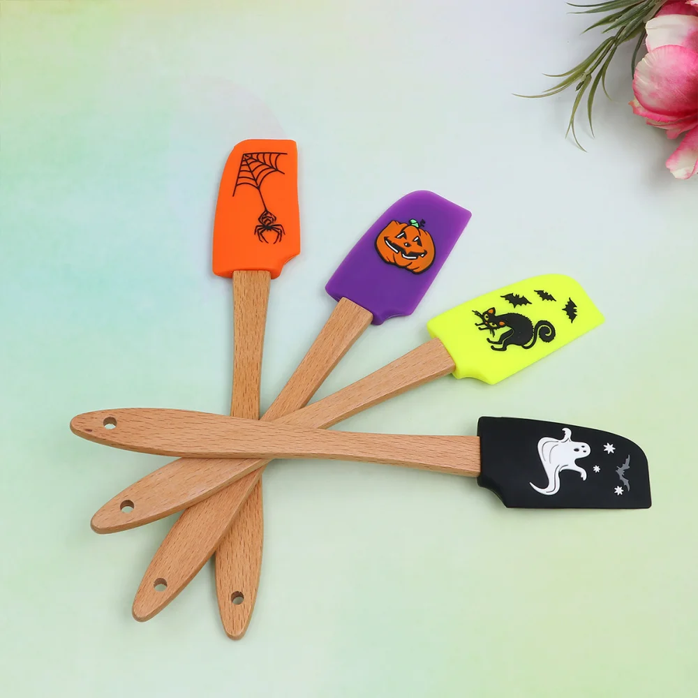 4pcs Halloween Wooden Handle Silicone Scraper Cream Spatula Baking Gadget Baking Supplies Kitchen Utensil for Home Bakery (Ghost