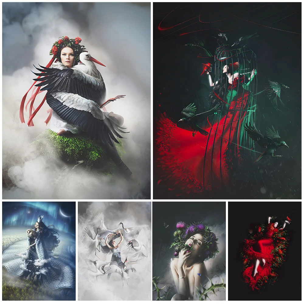 

Surrealist Witch And Animal Art Poster And Prints Crow Princess And Night Sleeping Devil Wall Art Canvas Painting Home Decor