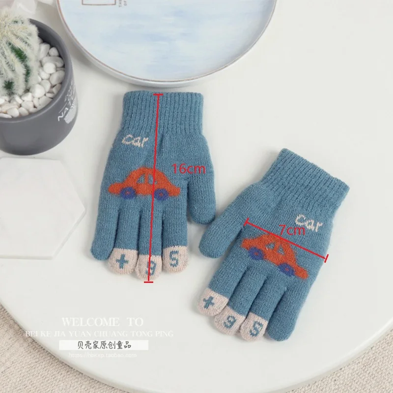 Children Gloves For 4-8 Years Boys Winter Knitted Soft Warm Cute Cartoon Car Kids Gloves Full Finger Girls Mittens 5