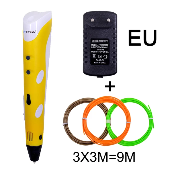 Yellow EU Myriwell Волшебная 3D Ручка DIY 3D печать ручка с 9 м ABS/PLA нить креативная игрушка дизайн рисунок подарок для детей подарок на день рождения - Цвет: Yellow EU