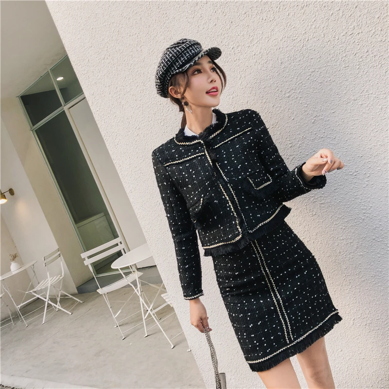 

Autumn Winter women Elegant Weaving skirts suits Women's Set Tweed suits jacket tops+skirts 2 piece sets female Sexy woolen coat