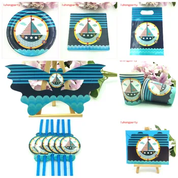 

92pcs/lot Sailing Boat birthday party plate cup gift bag mask straw card for kids birthday party favors navigation napkin dishes