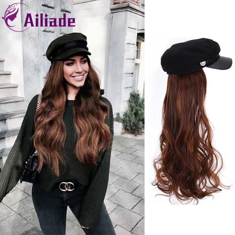 AILIADE-Peluca de cabello largo sintético ondulado liso con boina, gorro de marinero tejido, gorro de moda, gorro de Otoño Invierno, extensiones de cabello