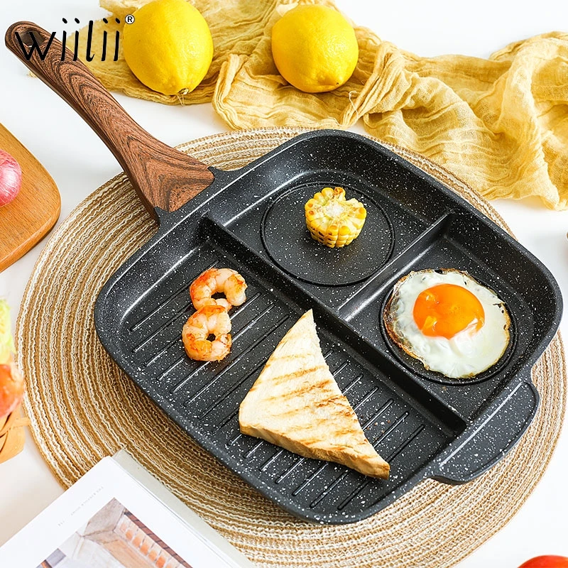 

Wiilii 3 Holes Meal Skillet Nonstick Breakfast Frying Pan Aluminum Griddle Divided Pan Induction Cooker Cooking Tools Cookware