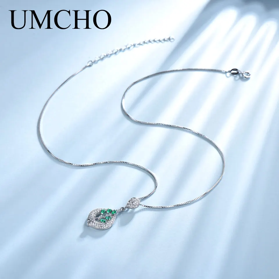 UMCHO Твердые 925 пробы Серебряный лист изумрудное ожерелье с подвеской драгоценный