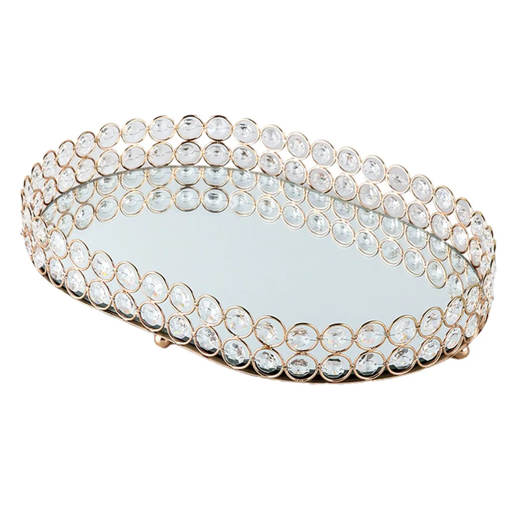 Golden Delicate Jewelry Storage Tray Glass Mirror Base Bedroom Desktop Cosmetic Decorative Organize Plate Tray