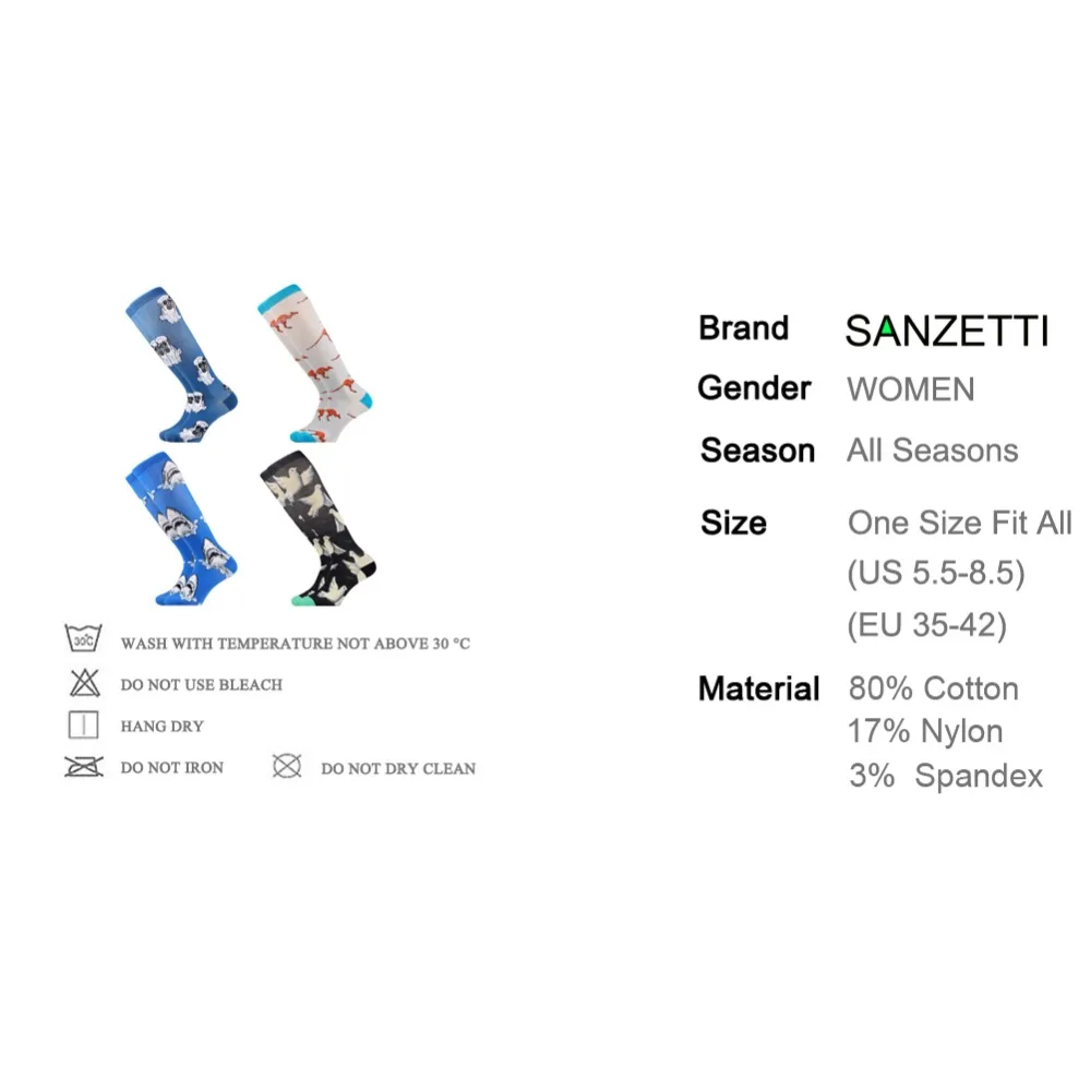 SANZETTI/4 пар/лот, женские компрессионные носки из чесаного хлопка в полоску с изображением акулы, против усталости, Длинные цветные носки