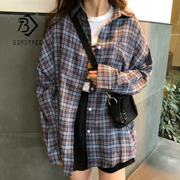 

Fall New Arrival Women Vintage Oversize Plaid Shirt Batwing Sleeve Button Up Navy Pockets Blouse Loose Tops Feminina Blusa T0751