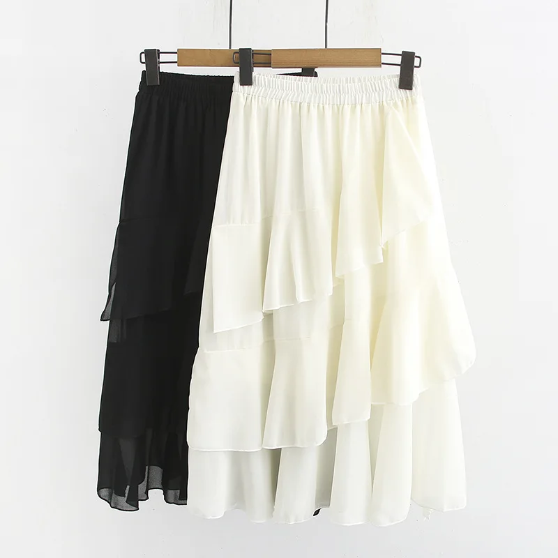 

White Skirt A- line Irregular Cake Dress Large Size Fat Mm 200 Slimming Chiffon Flounced Slim White Dress
