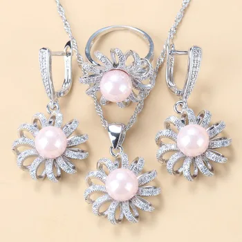 

Romantic Pink Natural Freshwater Pearl Wedding Costume Silver Color Big Flower Jewelry Sets For Women 5-Color Three-Piece Sets