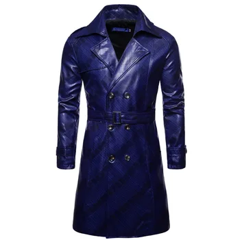 

Punk Style Men Long Trench Coat Autumn Spring PU Leather Long Overcoat British Style Double Breasted Slim Male Coat Trench X9227