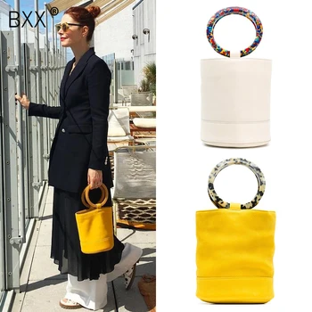 

[BXX] 2020 New Pattern Woman Fashion Round Hoop Handle Bucket Shape Colour Bracelet Portable Soft PU Leather Handbag DA271