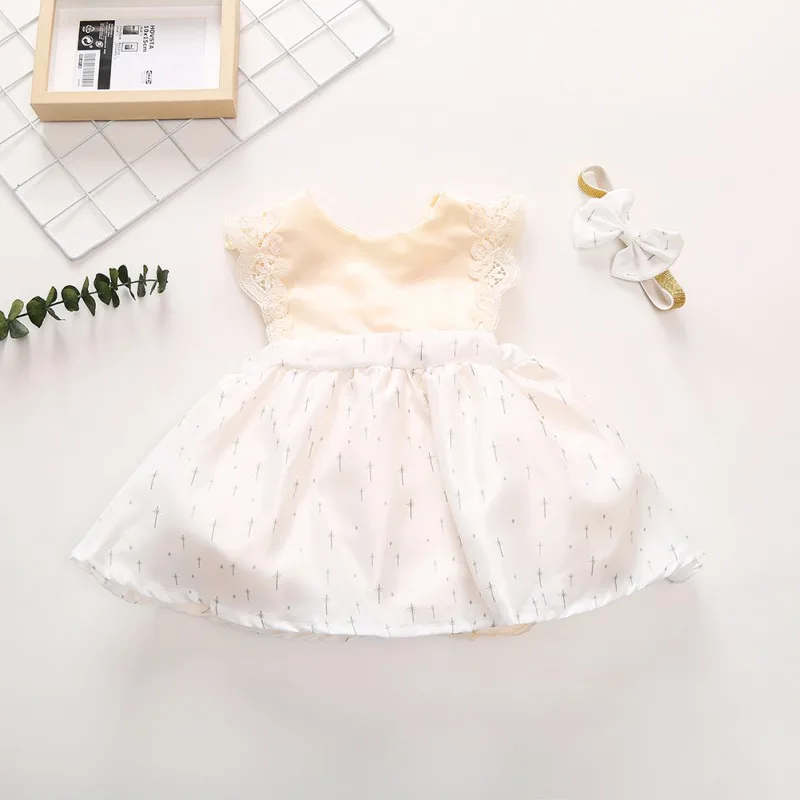 Летние детские, для малышей От 6 месяцев до 4 лет без рукавов для маленькой девочки хлопковое платье комплекты, милые вещи, удобные, однотонного цвета, украшенные кружевом; платье для девочек+ повязка на голову для ребенка