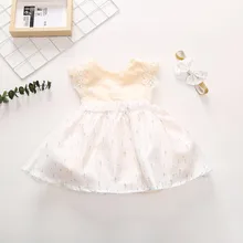 Летние детские, для малышей От 6 месяцев до 4 лет без рукавов для маленькой девочки хлопковое платье комплекты, милые вещи, удобные, однотонного цвета, украшенные кружевом; платье для девочек+ повязка на голову для ребенка