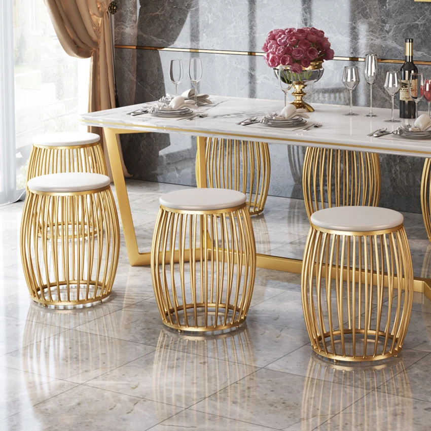 

Modern Drum Shaped Golden Dinning Chairs Nordic Dressing Table Stools Iron Chair Creative Shoe Bench for Dining Room Living Room