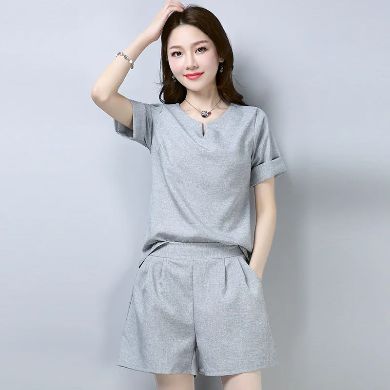 

2019 Spring And Summer New Style Korean-style Solid Color V-neck Short Sleeve T-shirt Elegant Cotton Linen Slim Fit Shorts Fashi