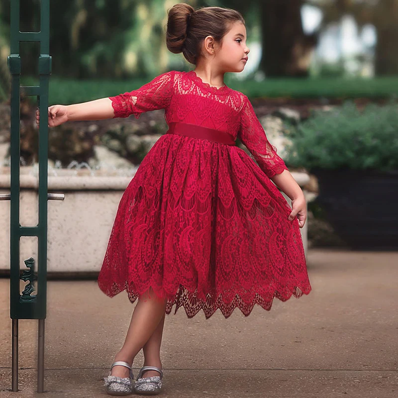 Кружевные платья для девочек на Рождество красный костюм Детские платья для девочек; Новинка года вечерние бальное платье на день рождения для детей повседневная одежда на возраст 3, 6, 8 лет