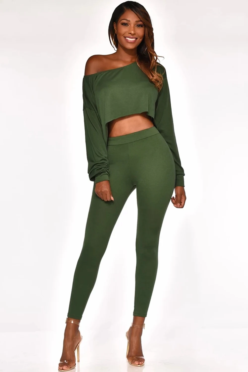 

OEAK 2019 Fashion Women Autumn Casual Loose Two Piece Set Long Sleeve Crop Top Solid High Waist Long Pants Two Piece Outfits Set