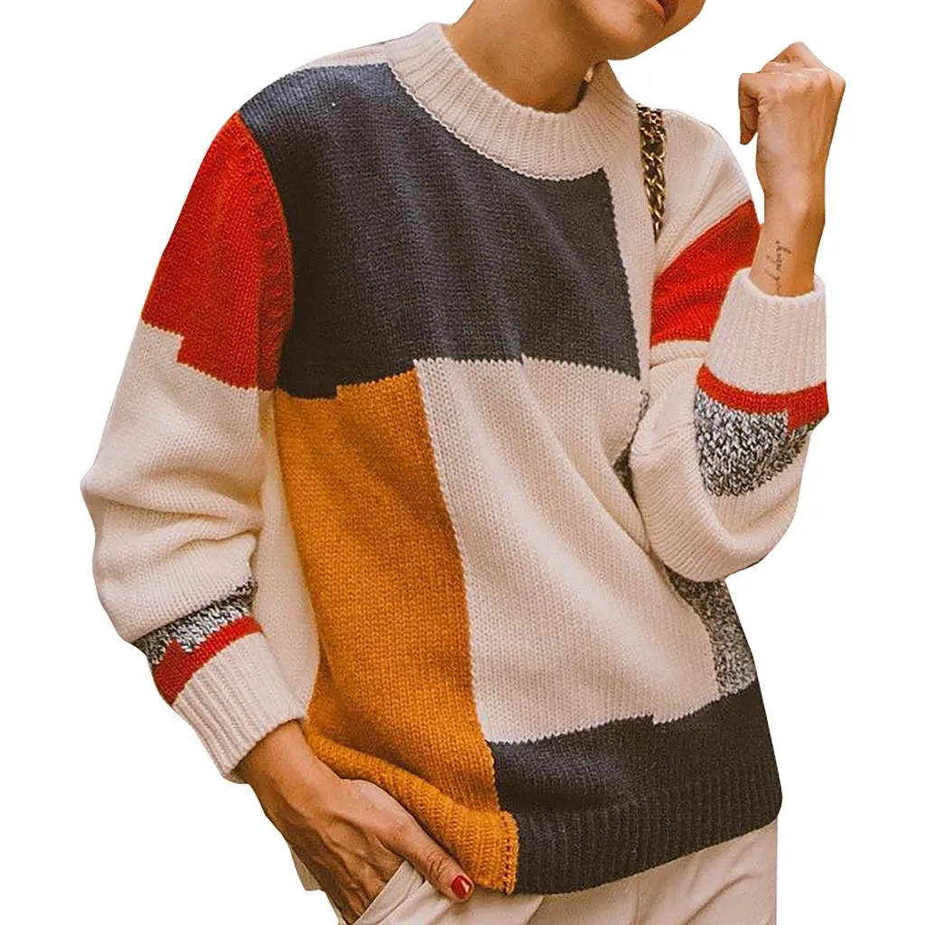 Sweater Women Pullover Sweater Plaid O-neck Long Sleeve Korean Style Women Sweters Women Invierno 2019 knitted sweater sweaters