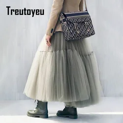 Treutoyeu gótico do vintage preto branco plissado longo tule saia tutu femme cintura alta pista saias de malha macia das mulheres 2021 jupe