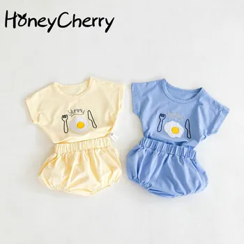 

2020 Summer Baby 0-2 Years Old Omelet Egg Sleeve Top Solid Color Bread Pants Cute Cool Cotton Suit