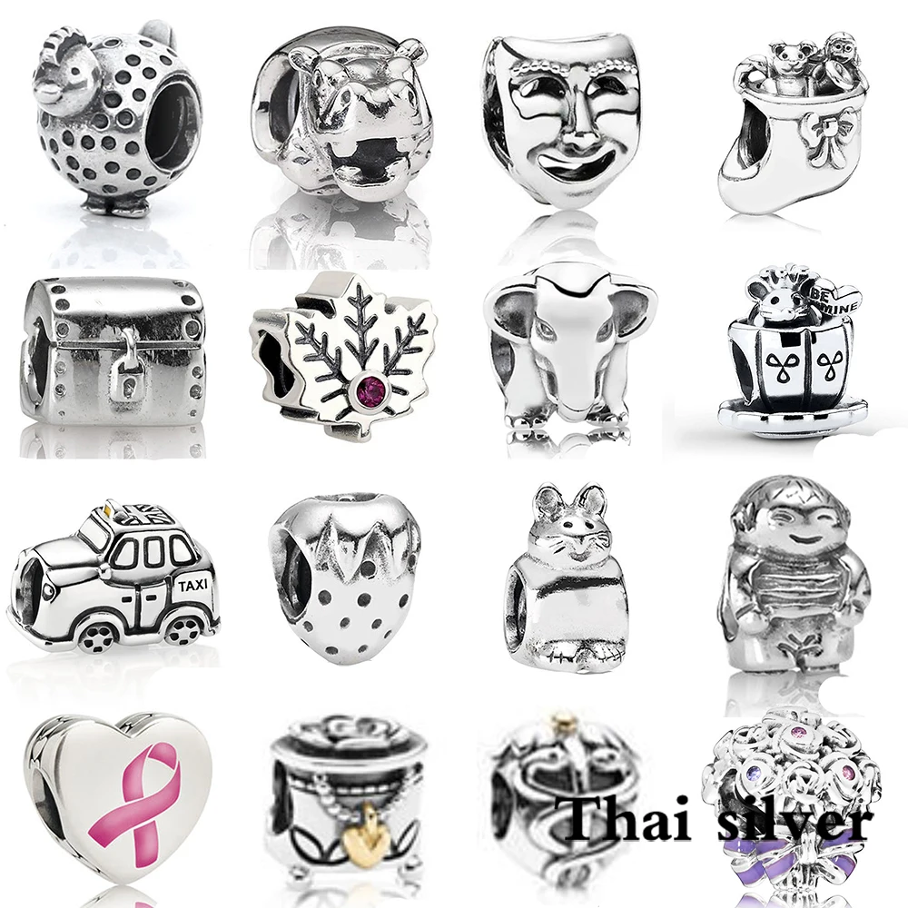 

2019 NEW Thai Silver Retro Rose Flower Hippo Mask Treasure Chest Leaves Elephant Car Strawberry Heart Shaped Beaded Charm Limit