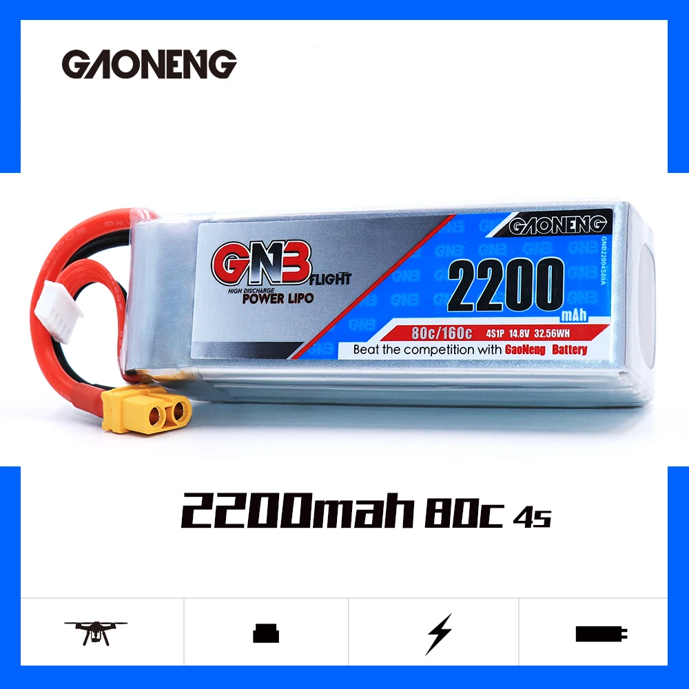 

Gaoneng GNB 2200mAh 14.8V 4S 80C MTD Twin Lithium Battery for 330 Remote Control Model Aircraft