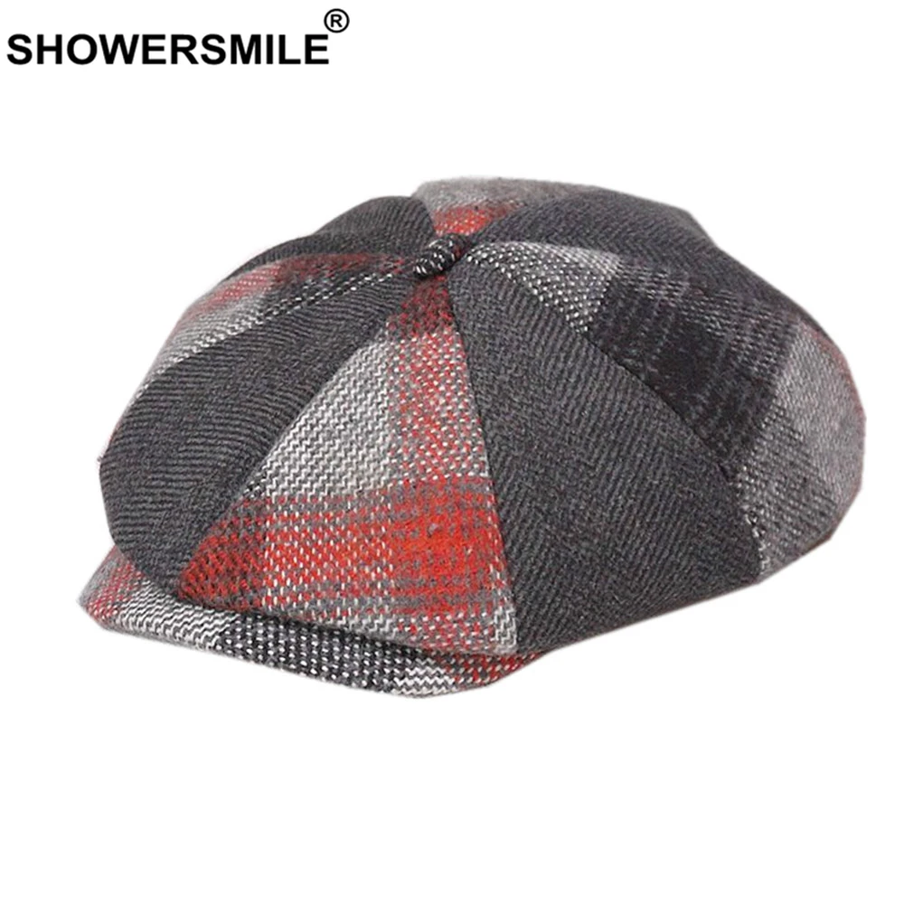 Showersmile Red Plaid Patchwork Newsboy Cap Wool Winter Hats For Women