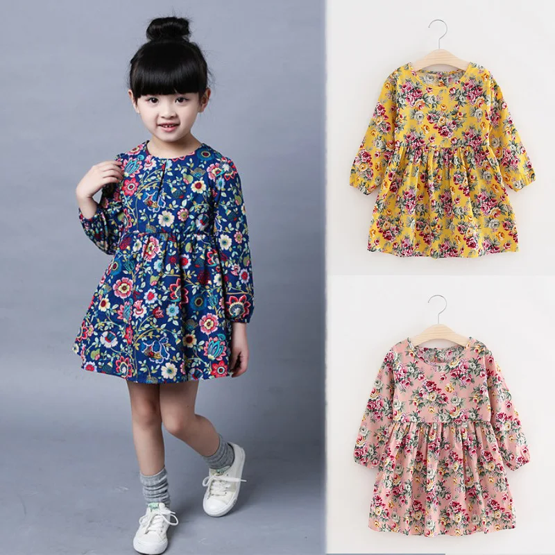 Новые детские платья с длинными рукавами платье принцессы с цветочным принтом для девочек летняя детская одежда элегантная одежда для девочек 2, 3, 4, 5, 6, 7 лет
