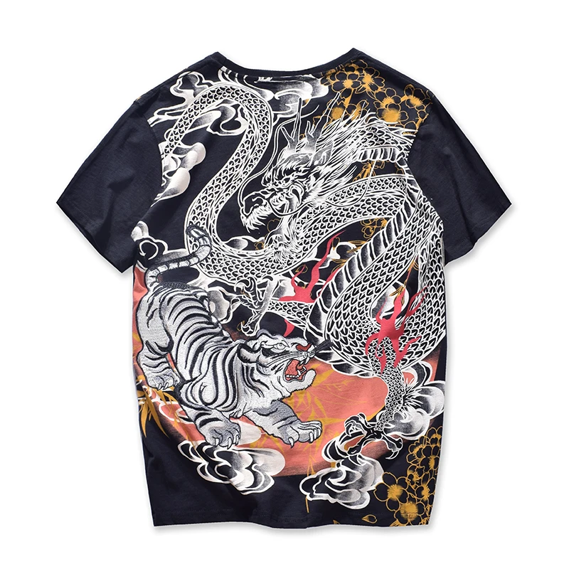 

Black White High End Luxury Embroidery Tiger Short Sleeve T Shirt Men SummerNew Quality 100%Cotton Fashion Loose Camiseta Hombre