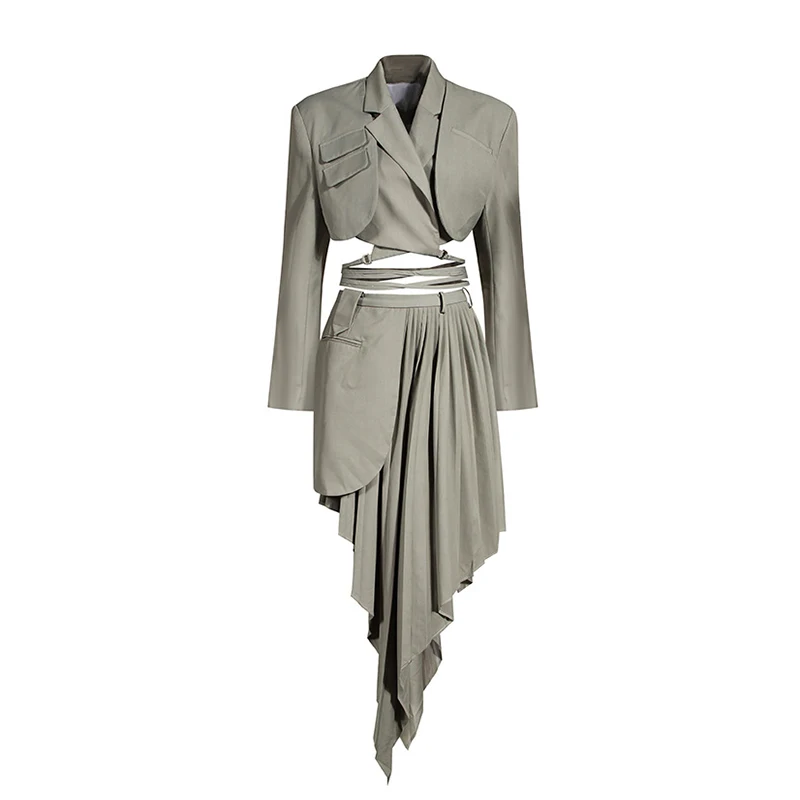 TWOTWINSTYLE Ruched Irregular Two Piece Set For Women Notched Long Sleeve Lace Up Top High Waist Skirt Suit Female 2020 Tide New