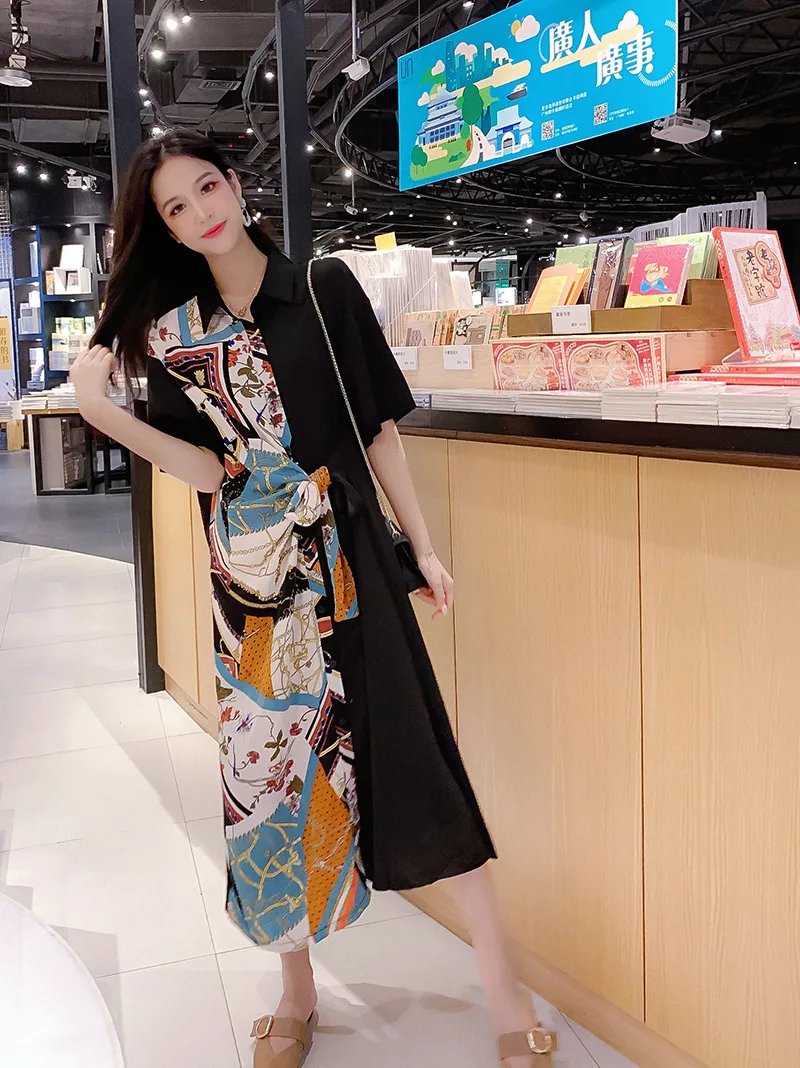 

2019 Summer Wear Europe And America New Style WOMEN'S Dress Small Fold-down Collar Waist Lace-up Mixed Colors Printed Decoration